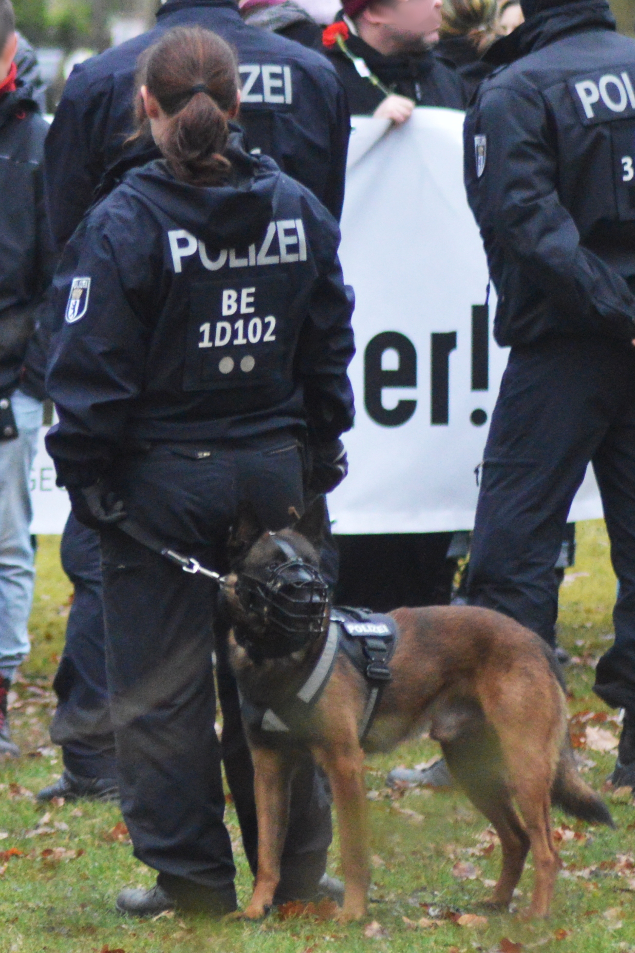Cop von hinten mit Hund bei einer Demonstration in unmittelbarer Nähe zu einem Transpi.